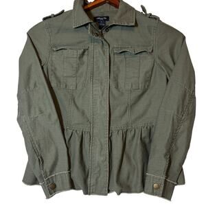Anna Cai New York Olive Green Military Look Zippered Ruffled Hem Jacket Sz S